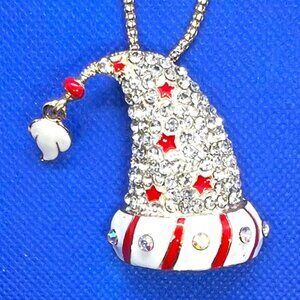 Santa HAT with Red Stars Christmas Pendant Necklace & BROOCH